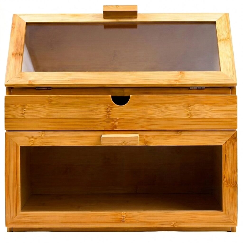 The Pantry Front view of Hikari bread bin with both clear-front doors closed and a central natural-tone panel