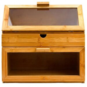 Front view of Hikari bread bin with both clear-front doors closed and a central natural-tone panel