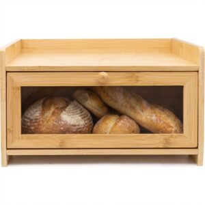 Front view of Nami bread bin with bread visible behind its closed clear-front door