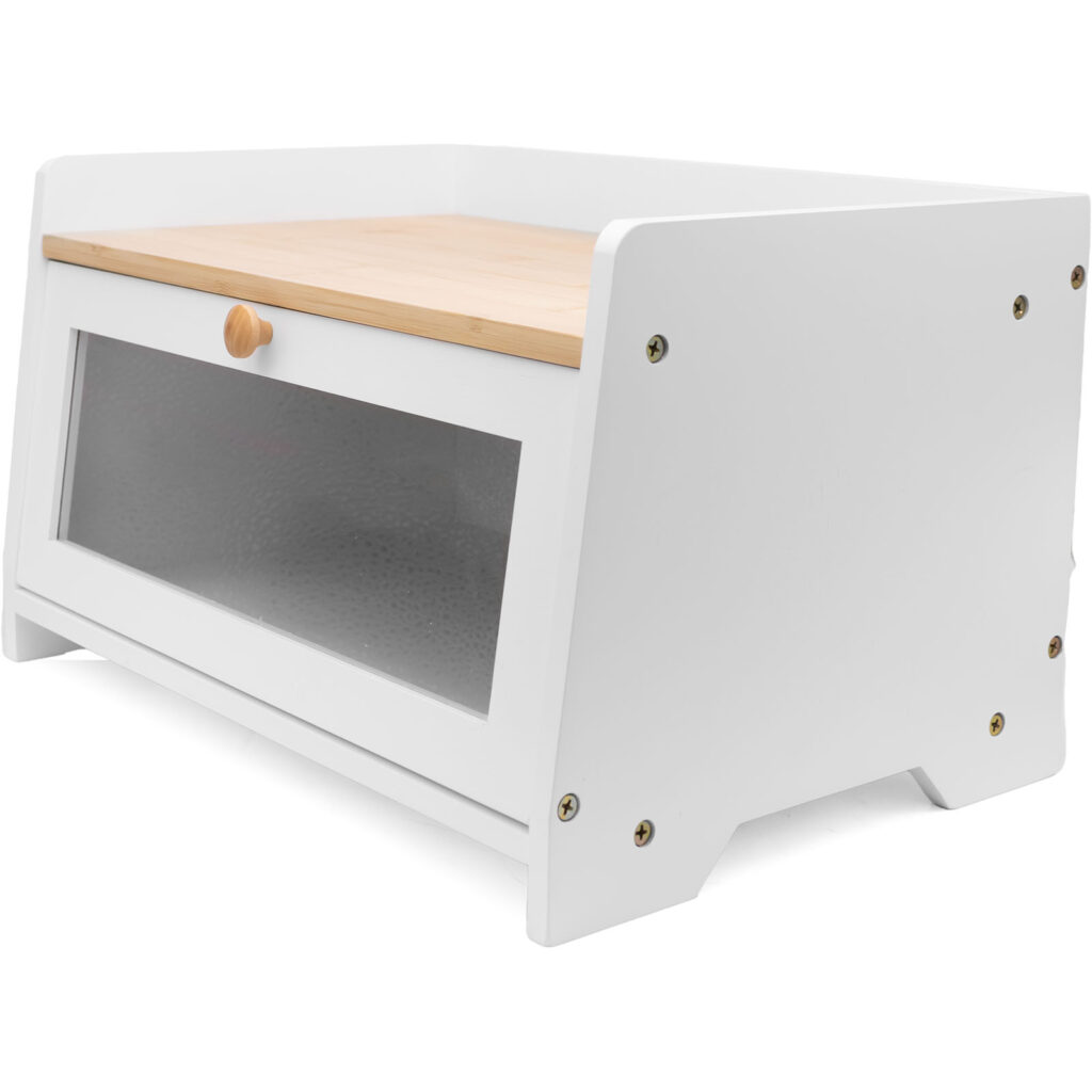 The Pantry Right three-quarter view of Kaze two-tone bread bin with light-coloured sides and a natural-tone top