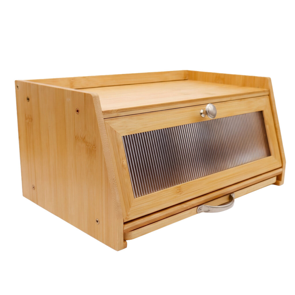 The Pantry Right three-quarter view of Maru bread bin with natural-tone body, sloped front and dark ribbed translucent panel