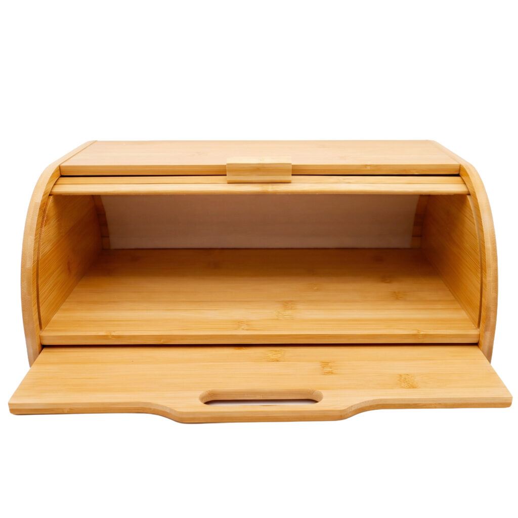The Pantry Front view of Karui bread bin with its slatted roll-top raised and separate lower panel folded down