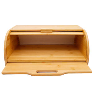 Front view of Karui bread bin with its slatted roll-top raised and separate lower panel folded down