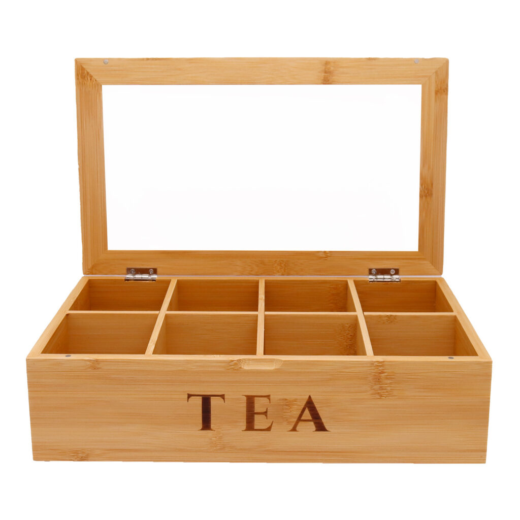 The Pantry Chado bamboo tea chest organiser opened with tea compartments