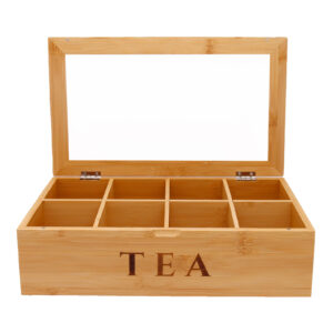 Chado bamboo tea chest organiser opened with tea compartments