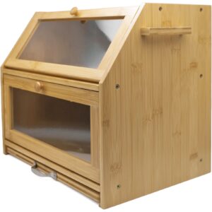 Right three-quarter view of Futari two-tier bread bin with sloped upper front, lower clear panel and side utensil rack