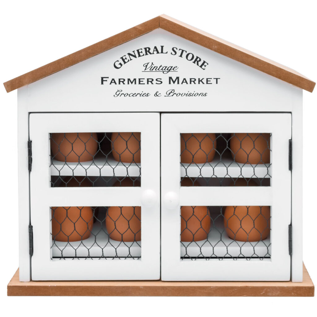 The Pantry Kominka white wooden egg house styled with eggs on a kitchen counter