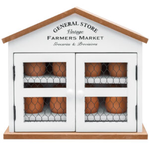 Kominka white wooden egg house styled with eggs on a kitchen counter